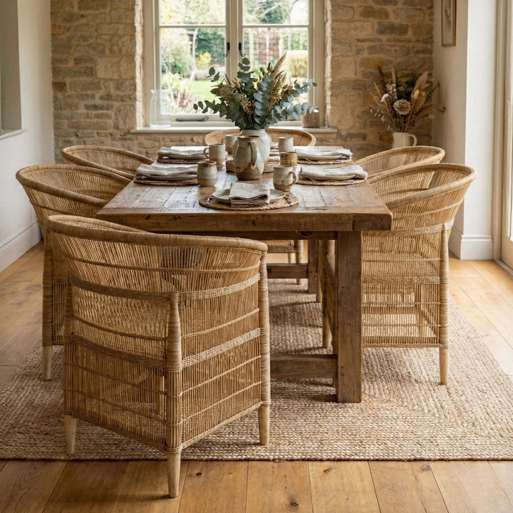 100% Solid Wood Frame Handwoven Natural Rattan Indoor Chair, Boho Farmhouse Accent Seating – Authentic African Craftsmanship