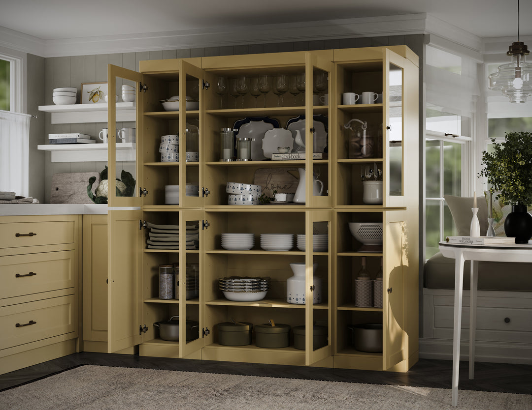 100% Solid Wood 65" China Pantry Cabinet, 6 Clear Glass, 2 Shaker Wood Doors