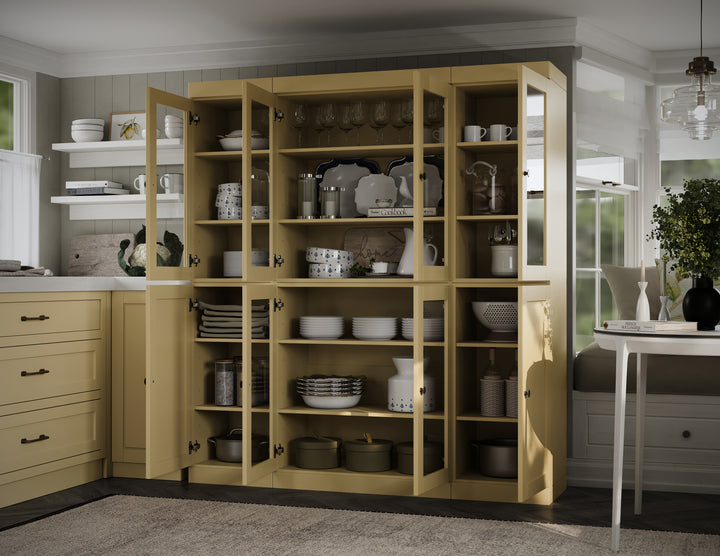100% Solid Wood 65" China Pantry Cabinet, 6 Clear Glass, 2 Shaker Wood Doors