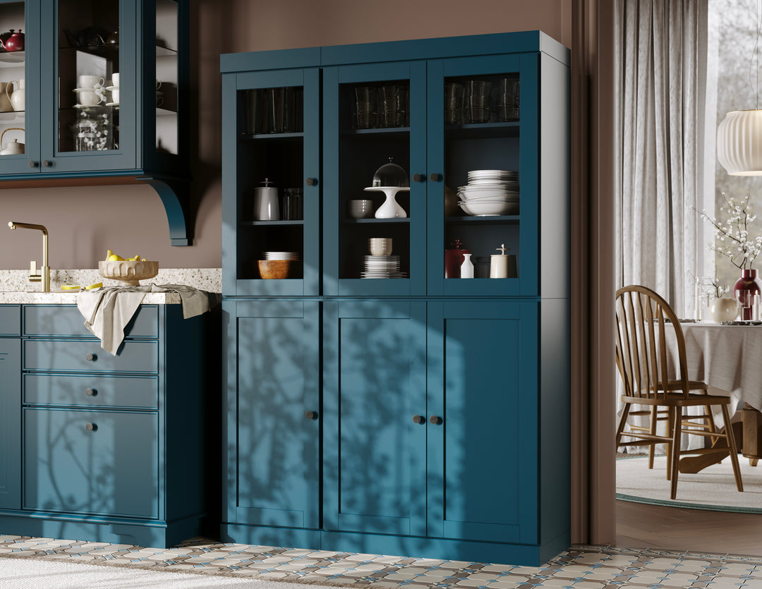 100% Solid Wood 48.5" Pantry China Cabinet, 3 Glass Doors, 3 Shaker Doors, 2-Drawers