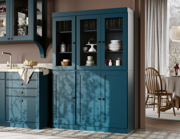 100% Solid Wood 48.5" Pantry China Cabinet, 3 Glass Doors, 3 Shaker Doors, 2-Drawers