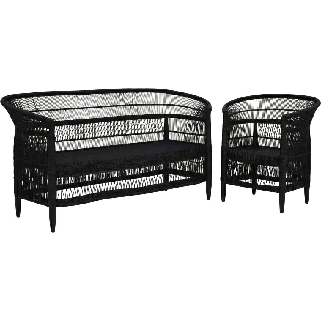 100% Handwoven Natural Rattan 2-Piece Indoor Seating Set with Chair and 3-Seater Settee, Solid Wood Frame, Boho Farmhouse, Authentic African Craftsmanship