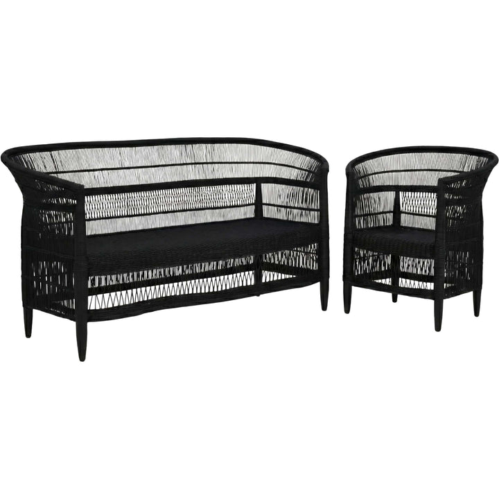 100% Handwoven Natural Rattan 2-Piece Indoor Seating Set with Chair and 3-Seater Settee, Solid Wood Frame, Boho Farmhouse, Authentic African Craftsmanship