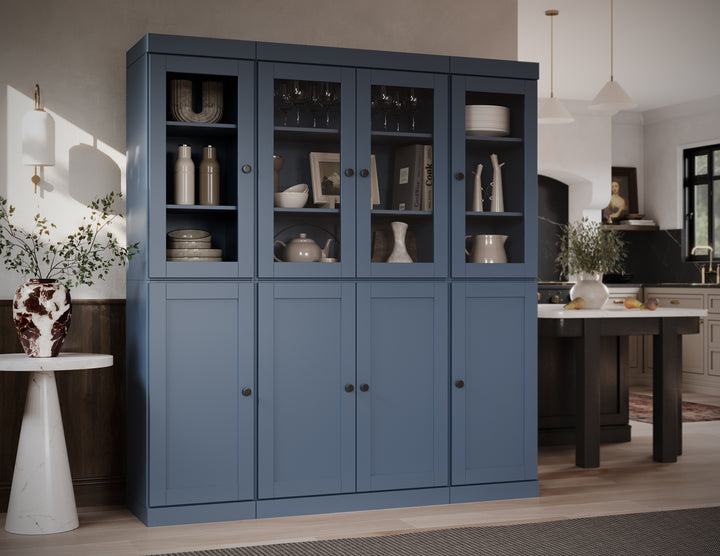 100% Solid Wood 65" China Pantry Cabinet, 4 Glass, 4 Shaker Wood Doors, 2-Drawers