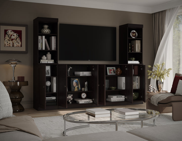 100% Solid Wood 6-Piece Entertainment Center Wall Unit with Storage, Open Cabinets & Shaker Doors, Adjustable Shelves, 97" W x 71.5" H