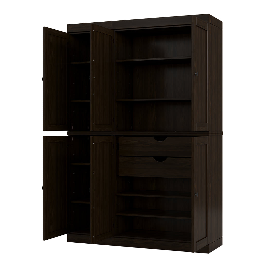 100% Solid Brazilian Pine Wood Pantry Cabinet with Shaker Doors, 2 Drawers, Adjustable Shelves, 48.5" Wide, 71.5" Tall
