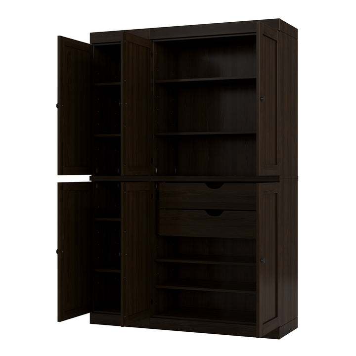 100% Solid Brazilian Pine Wood Pantry Cabinet with Shaker Doors, 2 Drawers, Adjustable Shelves, 48.5" Wide, 71.5" Tall