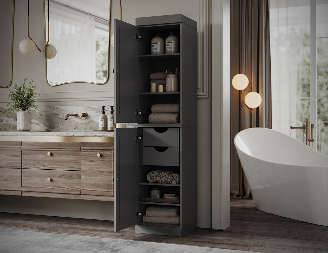100% Solid Wood Bathroom Storage Cabinet, Raised Panel Doors, 2 Drawers, Adjustable Shelves, 16.5" Wide, 71.5" Tall