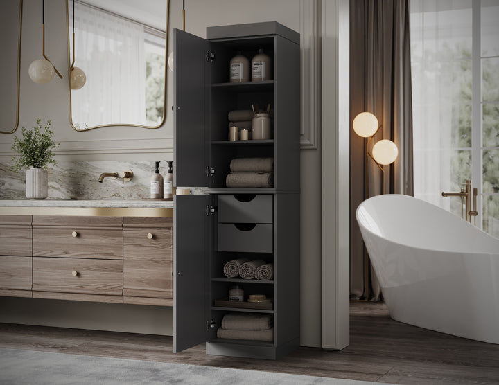 100% Solid Wood Bathroom Storage Cabinet, Raised Panel Doors, 2 Drawers, Adjustable Shelves, 16.5" Wide, 71.5" Tall