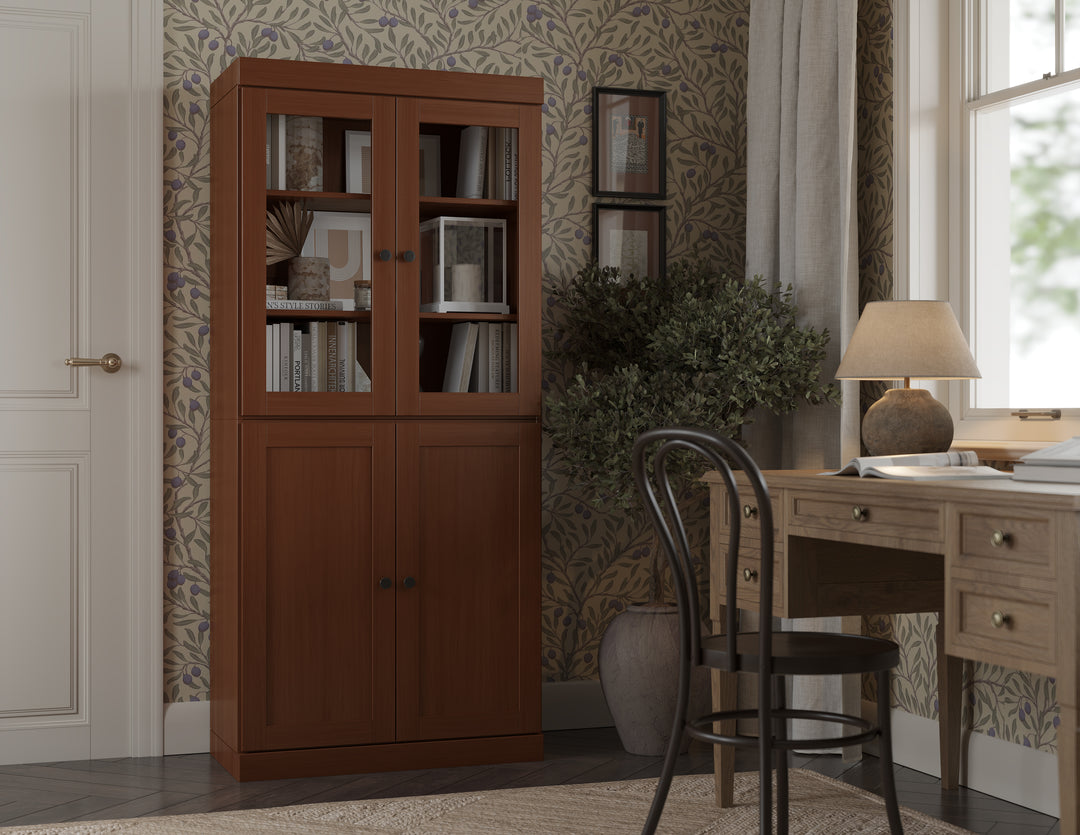 100% Solid Wood 6-Shelf 32" Bookcase, 2 Glass Doors, 2 Shaker Wood Doors, Adjustable Shelves