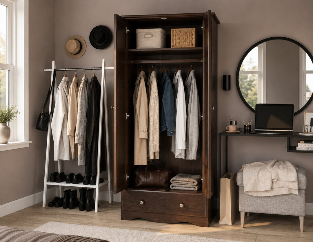 100% Solid Wood 2-Door Wardrobe Armoire with Raised Panel Doors, Bedroom Closet Storage - Flexible Collection