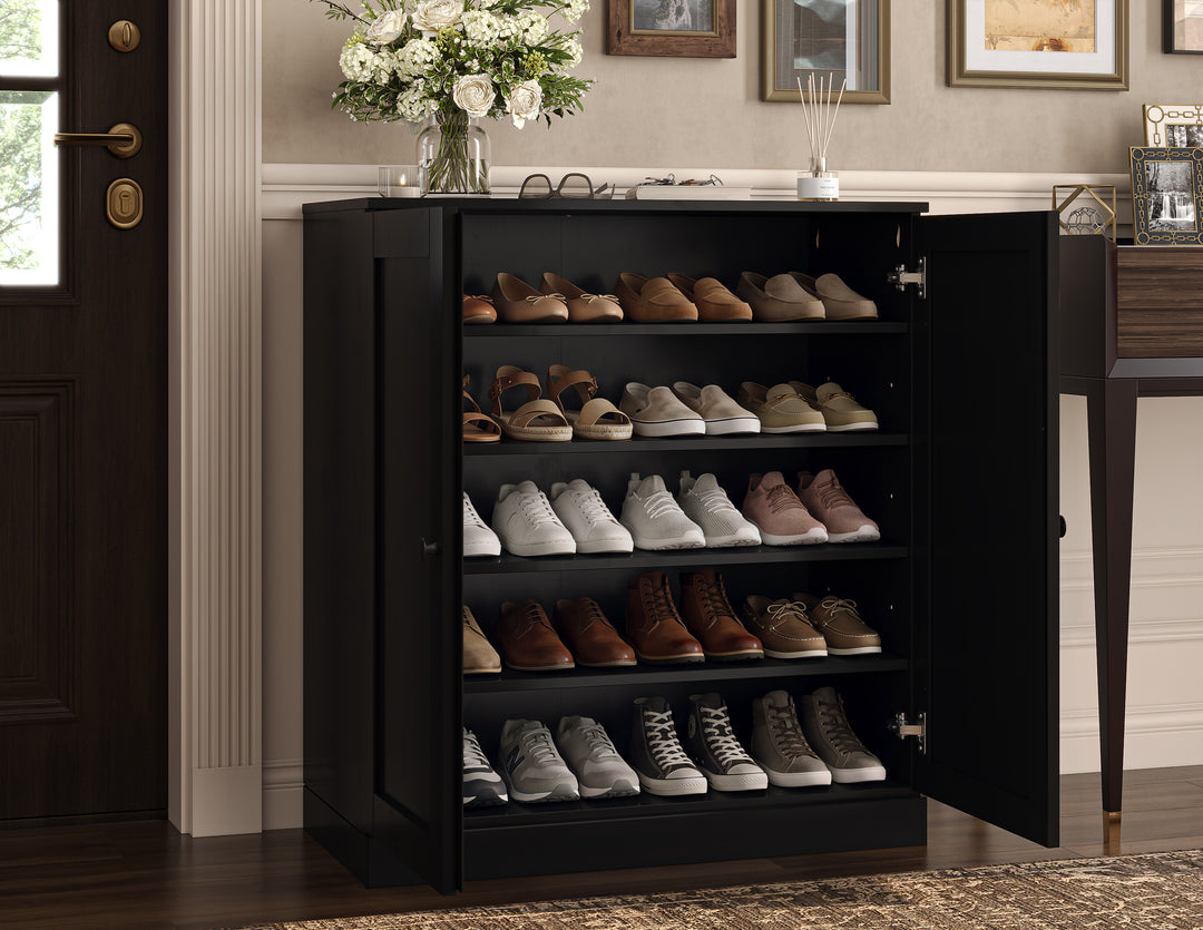 100% Solid Wood Shoe Storage Cabinet with Shaker Doors, Adjustable Shelves, Space Saving Stackable Entryway Organizer, 32" W x 35.75" H