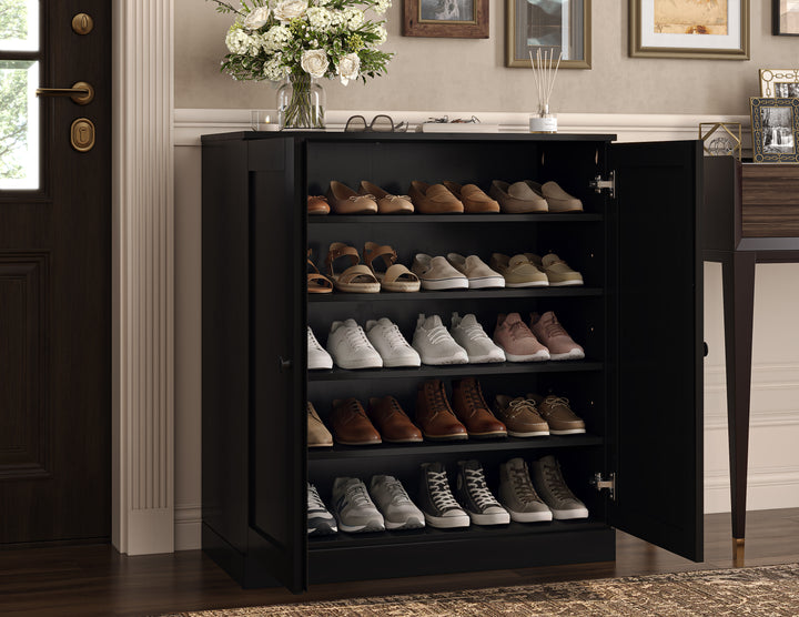 100% Solid Wood Shoe Storage Cabinet with Shaker Doors, Adjustable Shelves, Space Saving Stackable Entryway Organizer, 32" W x 35.75" H