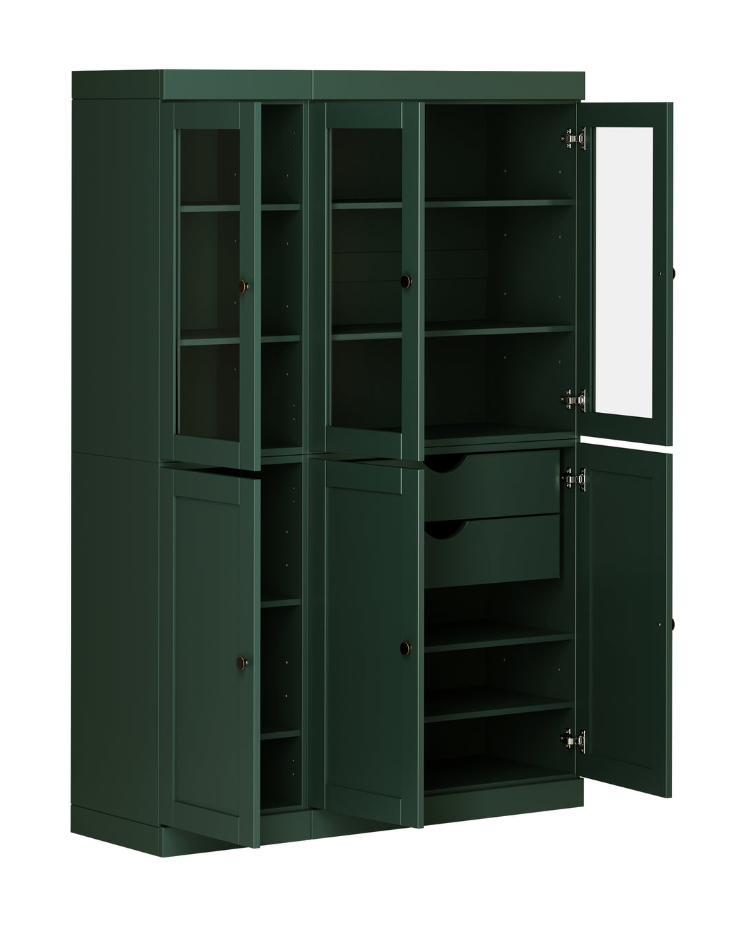 100% Solid Wood 48.5" Pantry China Cabinet, 3 Glass Doors, 3 Shaker Doors, 2-Drawers
