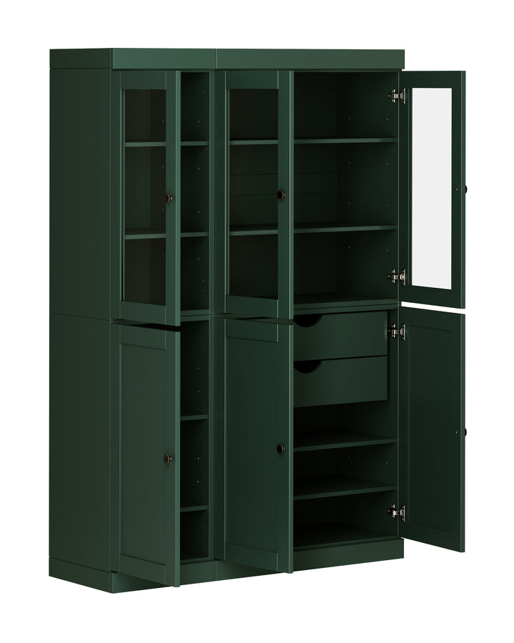 100% Solid Wood 48.5" Pantry China Cabinet, 3 Glass Doors, 3 Shaker Doors, 2-Drawers