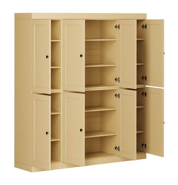 100% Solid Wood 65" Pantry Cabinet, 8 Shaker Wood Doors