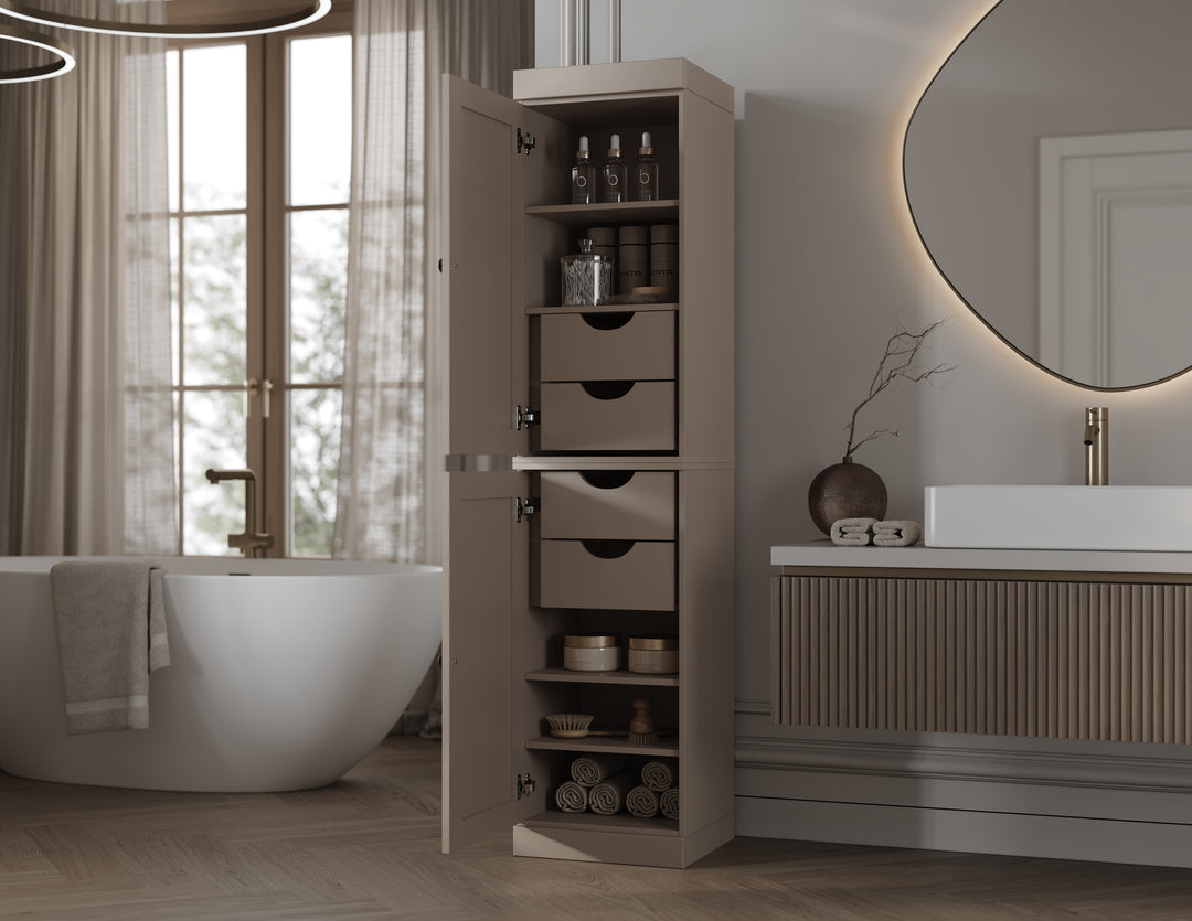 100% Solid Wood Tall Freestanding Modular Bathroom Linen Storage Cabinet with Shaker Doors, 4 Drawers, Adjustable Shelves, 16.5" W x 71.5" H