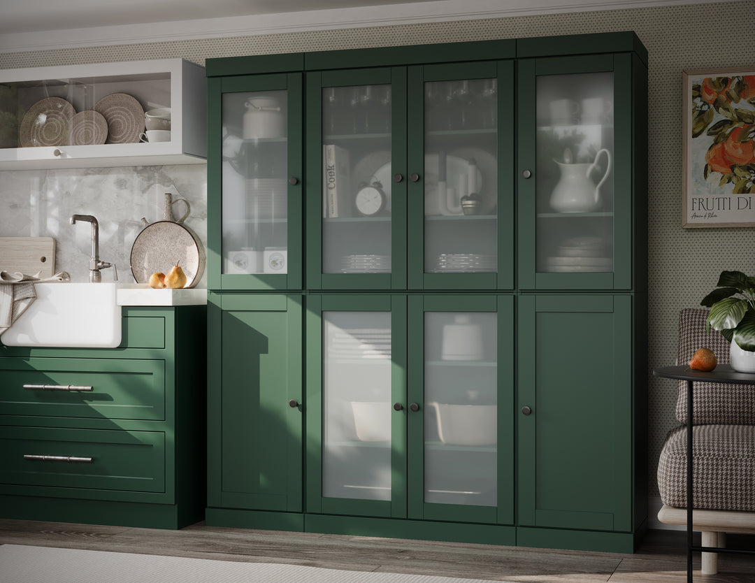 Green 65" Solid Wood Kitchen Pantry Cabinet with Frosted Glass & Shaker Doors & 2 Drawers