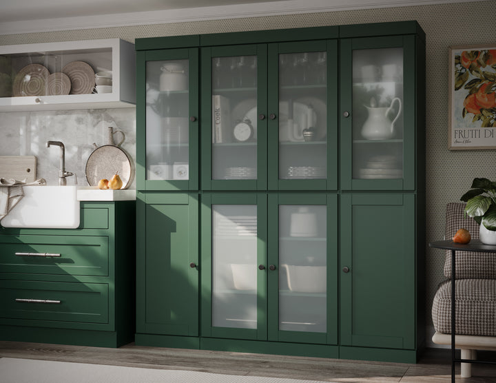 Green 65" Solid Wood Kitchen Pantry Cabinet with Frosted Glass & Shaker Doors & 2 Drawers