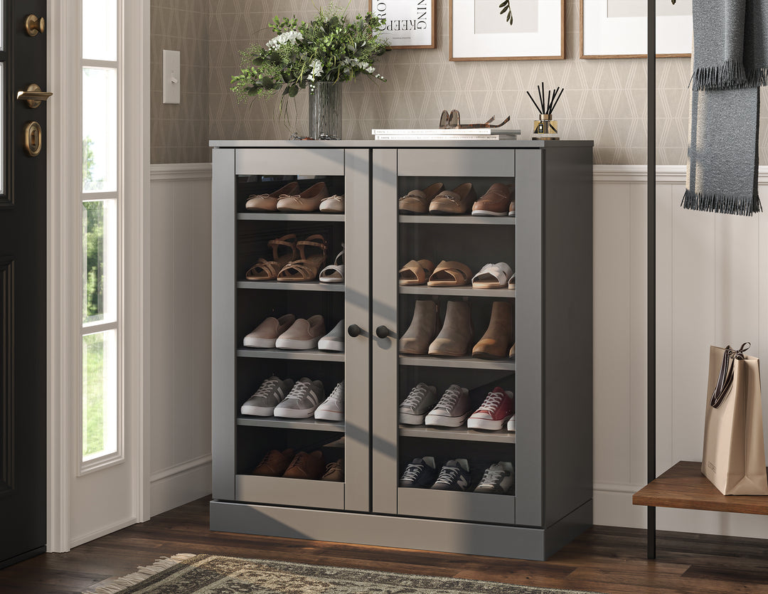 100% Solid Wood Glass Door Shoe Storage Cabinet with Adjustable Shelves, Space Saving Stackable Entryway Organizer, 32" W x 35.75" H