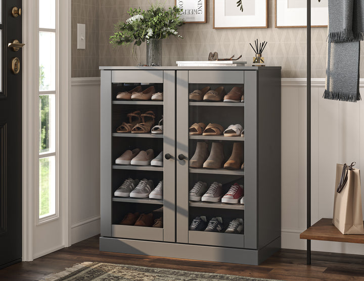 100% Solid Wood Glass Door Shoe Storage Cabinet with Adjustable Shelves, Space Saving Stackable Entryway Organizer, 32" W x 35.75" H