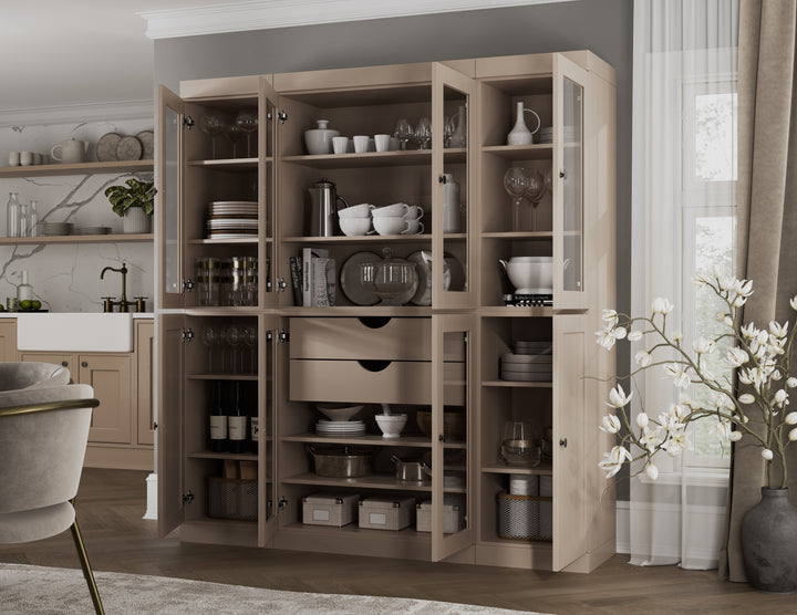 100% Solid Wood 65" China Pantry Cabinet, 6 Glass, 2 Shaker Wood Doors, 2 Drawers