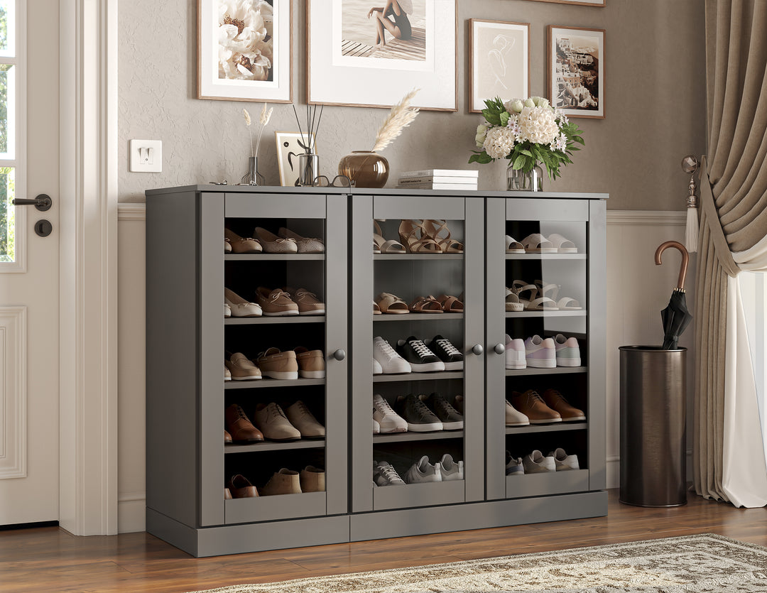 100% Solid Wood Glass Door Shoe Storage Cabinet, Adjustable Shelves, Space Saving Modular Entryway Organizer, 48.5" W x 35.75" H