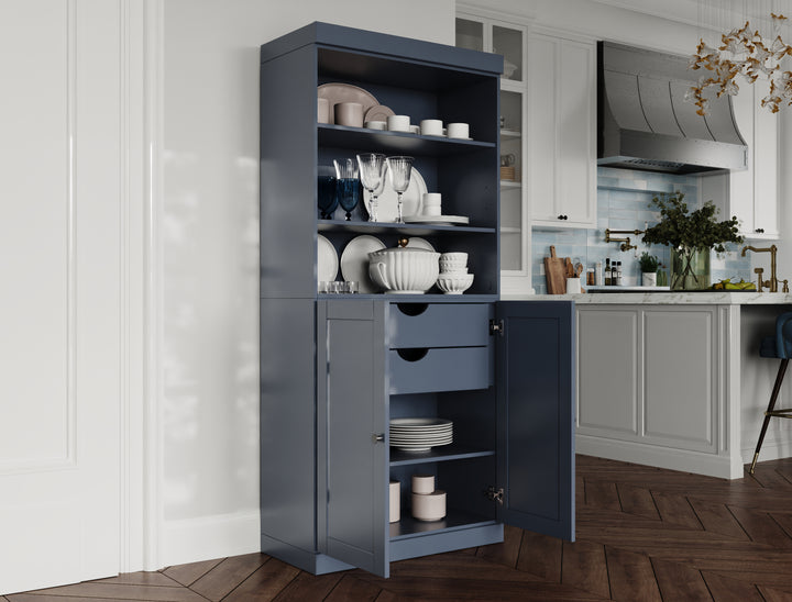 100% Solid Wood 32" Pantry Cabinet, 2 Shaker Wood Bottom Doors, 2 Drawers