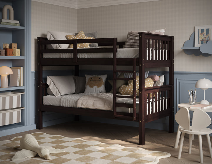 100% Solid Wood Twin Over Twin Bunk Bed with Ladder, Guardrails & Convertible 2 Twin Beds – Mission Collection