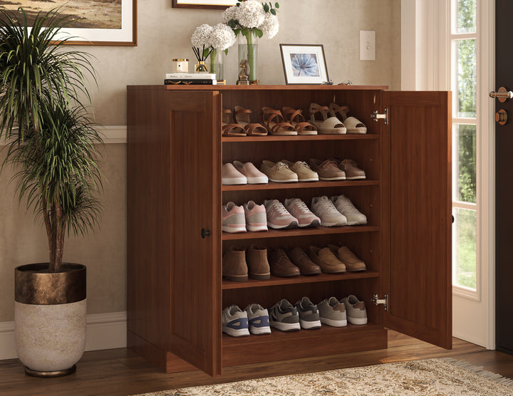 100% Solid Wood Shoe Storage Cabinet with Shaker Doors, Adjustable Shelves, Space Saving Stackable Entryway Organizer, 32" W x 35.75" H
