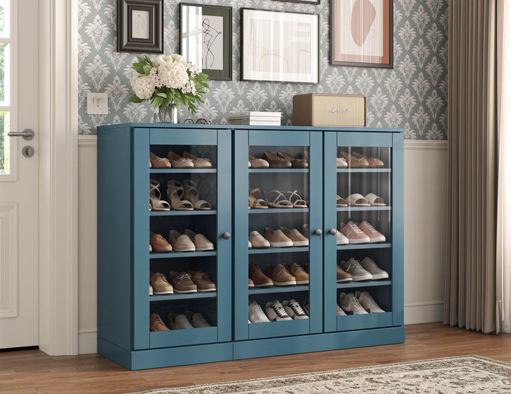 100% Solid Wood Glass Door Shoe Storage Cabinet, Adjustable Shelves, Space Saving Modular Entryway Organizer, 48.5" W x 35.75" H