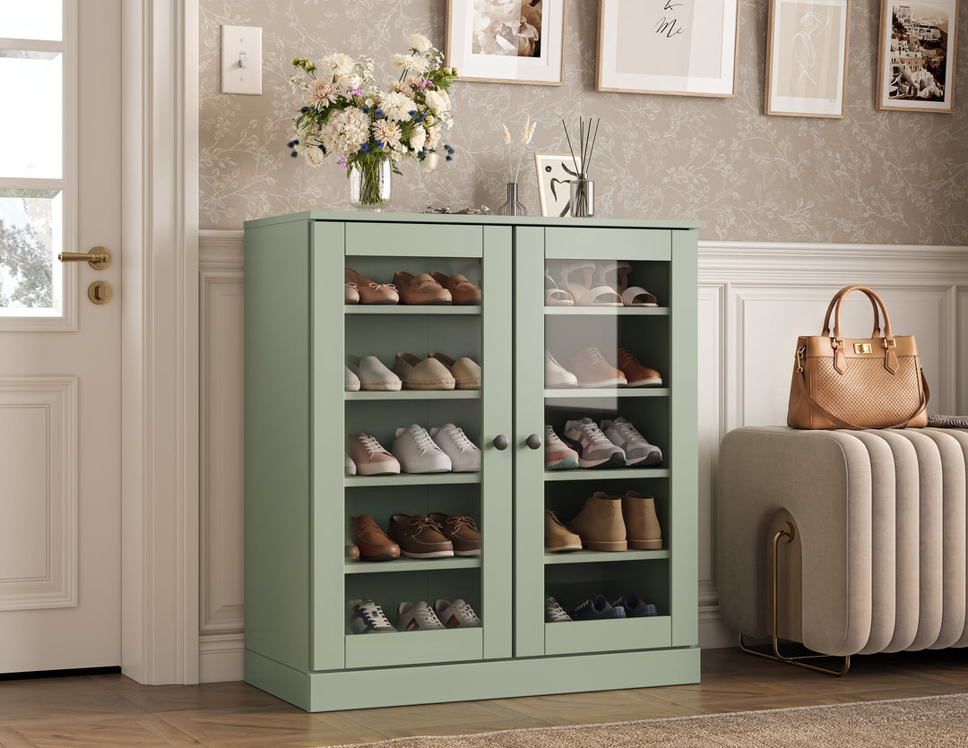 100% Solid Wood Glass Door Shoe Storage Cabinet with Adjustable Shelves, Space Saving Stackable Entryway Organizer, 32" W x 35.75" H