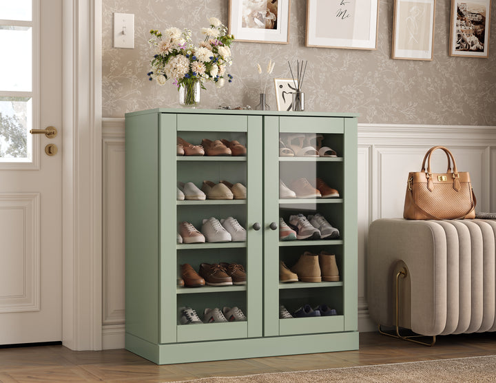 100% Solid Wood Glass Door Shoe Storage Cabinet with Adjustable Shelves, Space Saving Stackable Entryway Organizer, 32" W x 35.75" H