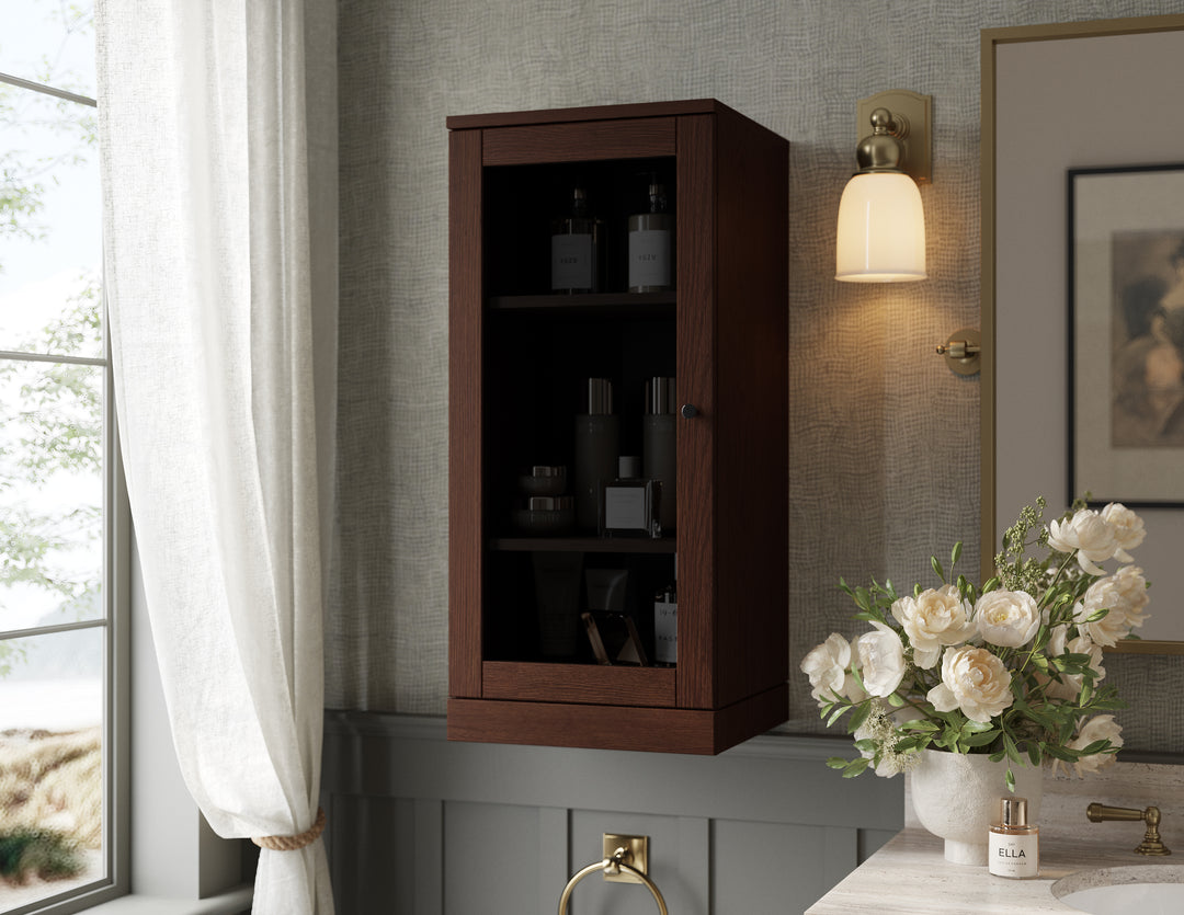 Premium 100% Solid European Oak Bathroom Wall Cabinet with Tinted Glass Doors, 16" W x 35.75" H
