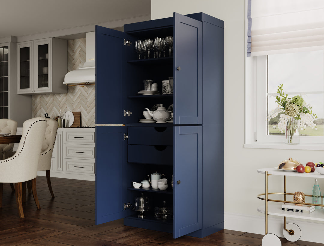 100% Solid Wood 32" Pantry Cabinet, Shaker Wood Doors, 2-Drawers