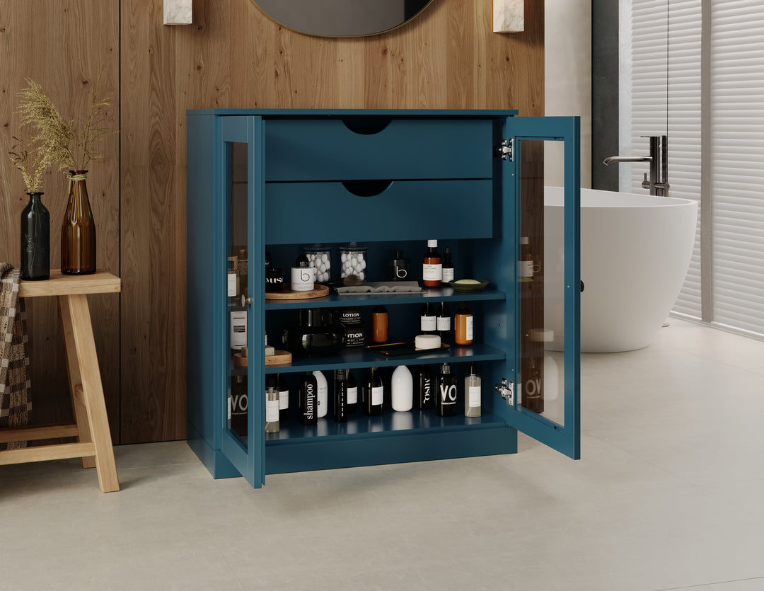 100% Solid Brazilian Pine Wood Bathroom Storage Cabinet, Clear Glass Doors, 2 Drawers, Adjustable Shelves, 32" Wide, 35.75" Tall