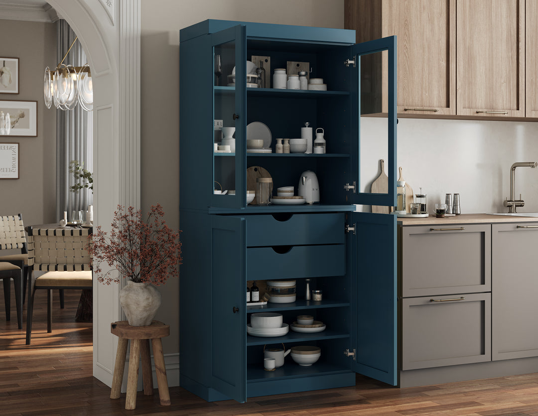 100% Solid Brazilian Pine Wood Pantry Cabinet, Shaker & Clear Glass Doors, 2 Drawers, Adjustable Shelves, 32" Wide, 71.5" Tall