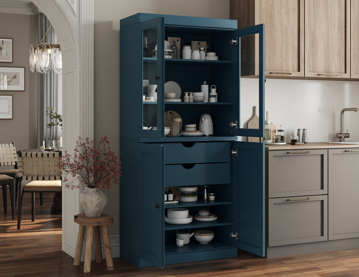 100% Solid Brazilian Pine Wood Pantry Cabinet, Shaker & Clear Glass Doors, 2 Drawers, Adjustable Shelves, 32" Wide, 71.5" Tall