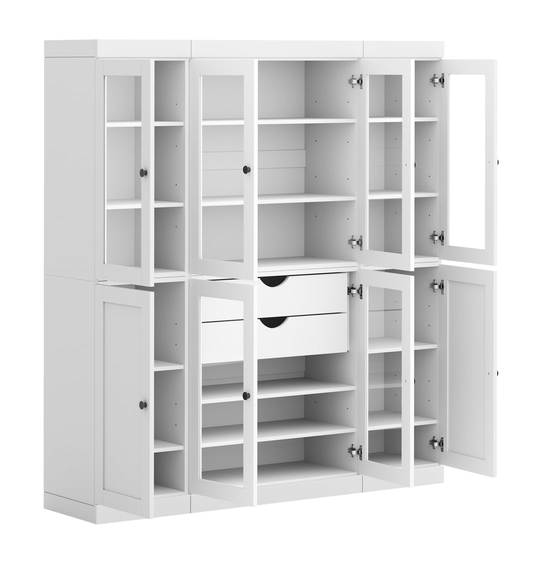 100% Solid Wood 65" China Pantry Cabinet, 6 Glass, 2 Shaker Wood Doors, 2 Drawers