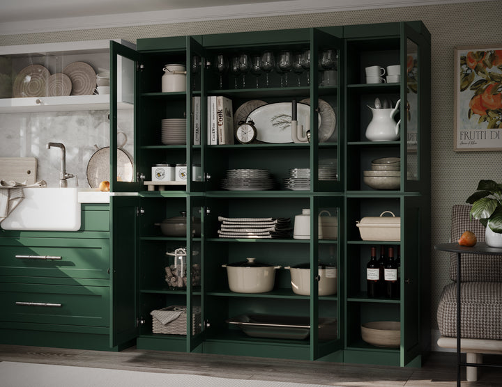 100% Solid Wood 65" China Pantry Cabinet, 6 Clear Glass, 2 Shaker Wood Doors