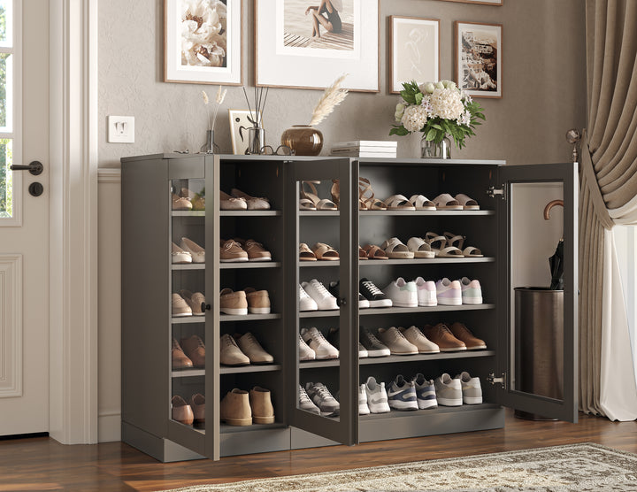 100% Solid Wood Glass Door Shoe Storage Cabinet, Adjustable Shelves, Space Saving Modular Entryway Organizer, 48.5" W x 35.75" H