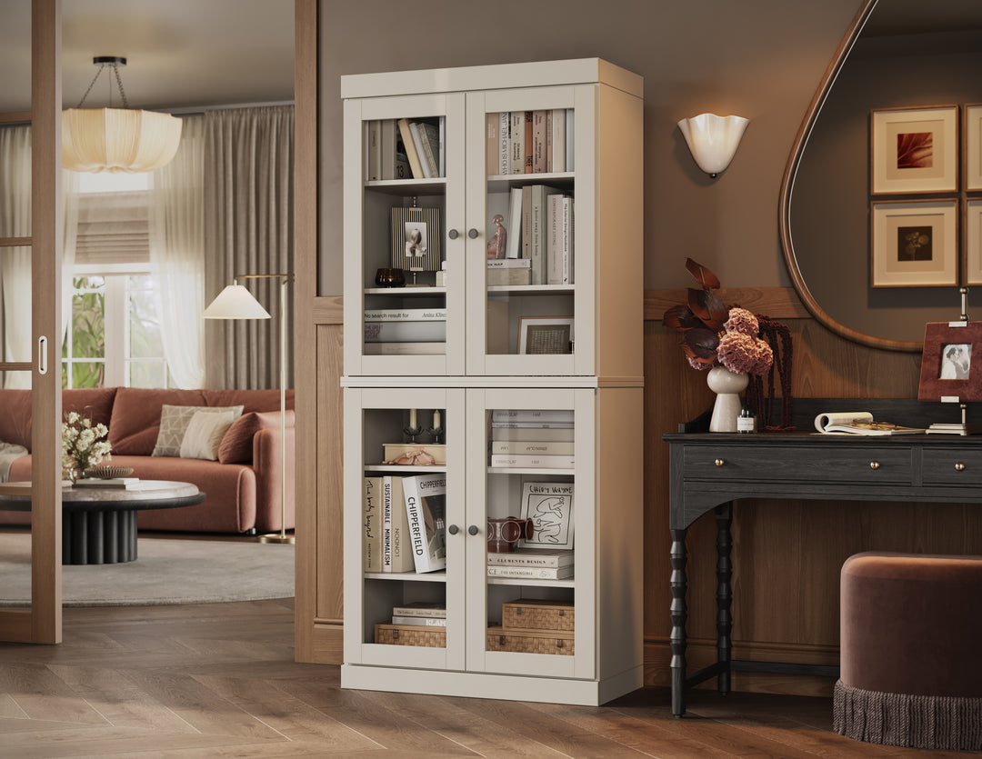 100% Solid Wood Tall Modular Bookcase Cabinet with Glass Doors, Storage Display Bookshelf with Adjustable Shelves, 32" W x 71.5" H