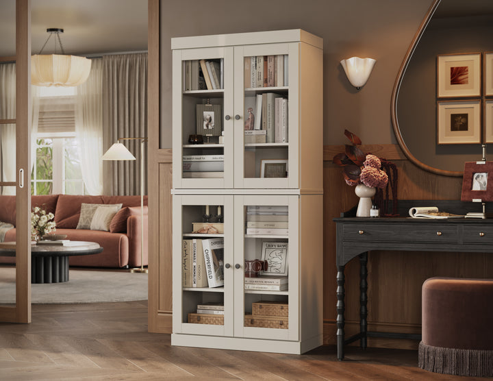 100% Solid Wood Tall Modular Bookcase Cabinet with Glass Doors, Storage Display Bookshelf with Adjustable Shelves, 32" W x 71.5" H
