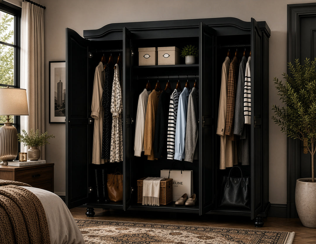 100% Solid Wood 4-Door Wardrobe Armoire with Raised Panel Doors, Bedroom Closet Storage - Kyle Collection