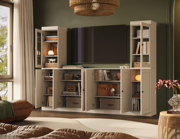 100% Solid Wood 6-Piece Entertainment Center Wall Unit with Storage, Glass & Raised Panel Doors, Adjustable Shelves, 97" W x 71.5" H