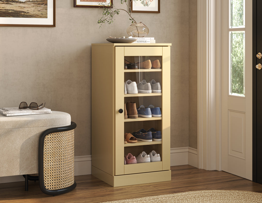 100% Solid Wood Narrow Glass Door Shoe Storage Cabinet with Adjustable Shelves, Space Saving Stackable Organizer, 16.5" W x 35.75" H