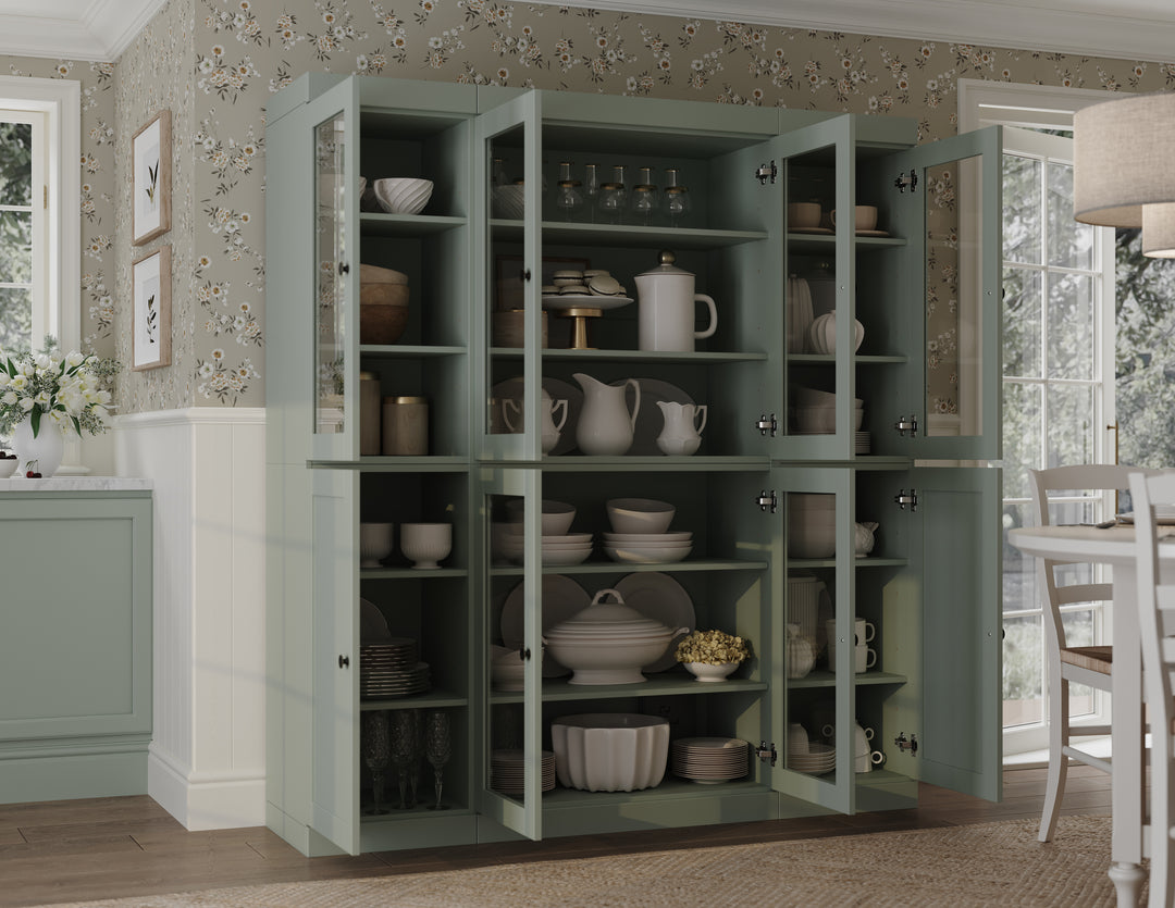 100% Solid Wood 65" China Pantry Cabinet, 6 Clear Glass, 2 Shaker Wood Doors