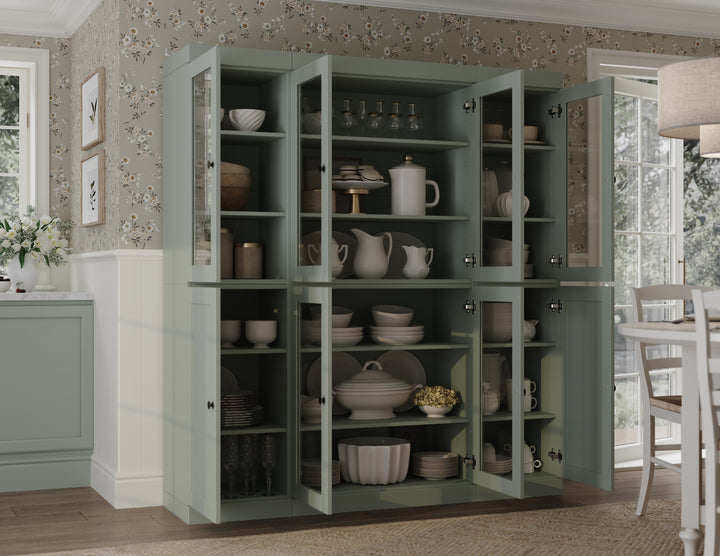 100% Solid Wood 65" China Pantry Cabinet, 6 Clear Glass, 2 Shaker Wood Doors