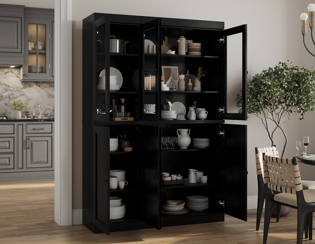 100% Solid Brazilian Pine Wood Pantry China Cabinet, Shaker & Clear Glass Doors, Adjustable Shelves, 48.5" Wide, 71.5" Tall