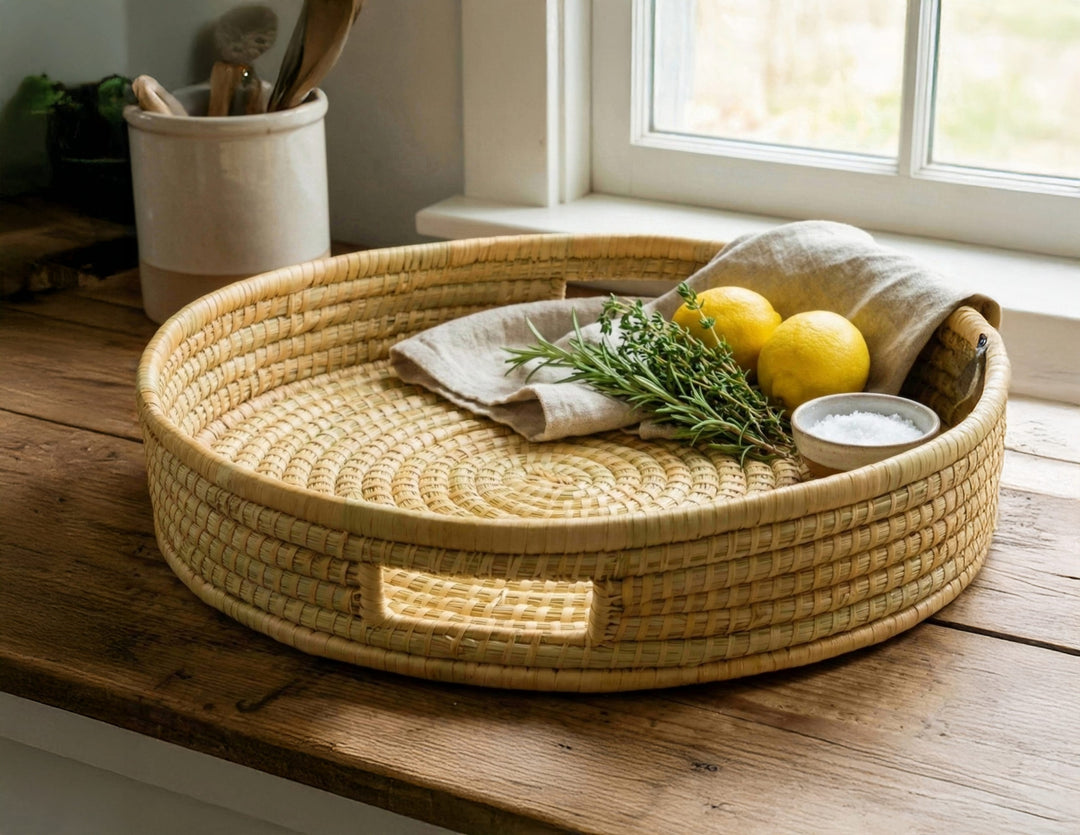 100% Handwoven Natural Rattan 17.5" Round Serving Tray, Boho Farmhouse Kitchen, Dining & Home Decor, Handcrafted – Authentic African Craftsmanship, Trays - Palace Imports
